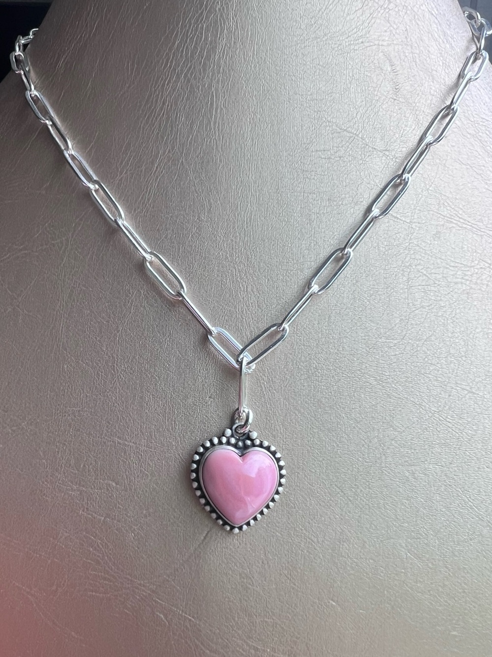 Pink Conch Heart Sterling Silver Paperclip Necklace